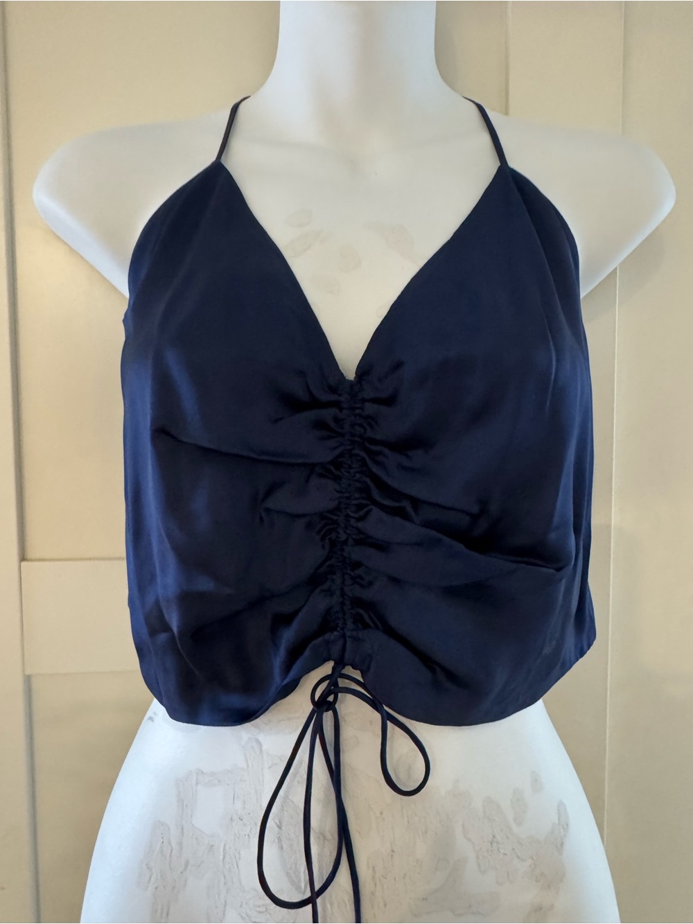 Aritzia Navy Satin Ruched Drawstring Camisole Top
